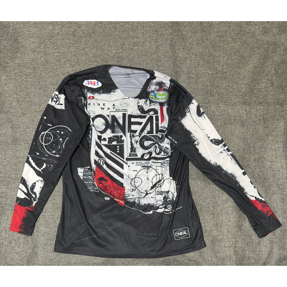 Oneal Mens XL MX Jersey Black White Red Graphic Long Sleeve Motocross